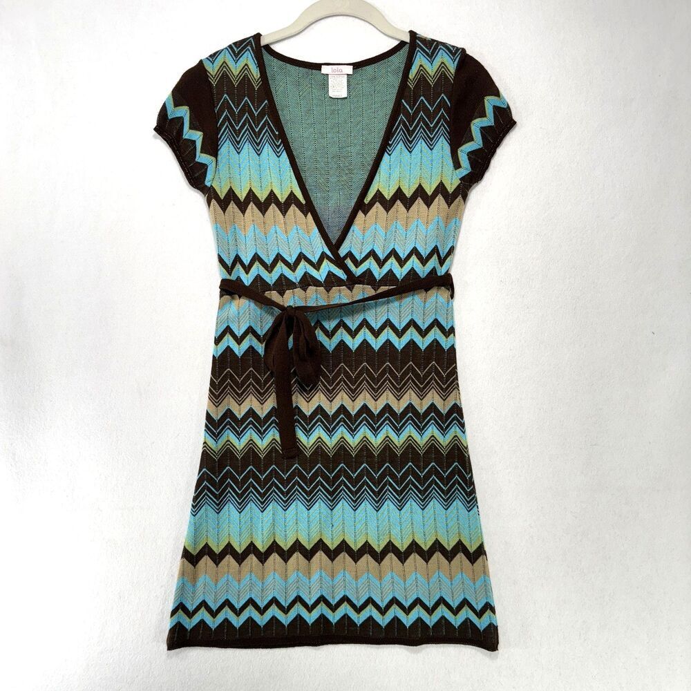 Vintage Lola Y2K Dress Women S Chevron Knit Belted Short Sleeve 90s 00s Boho USA